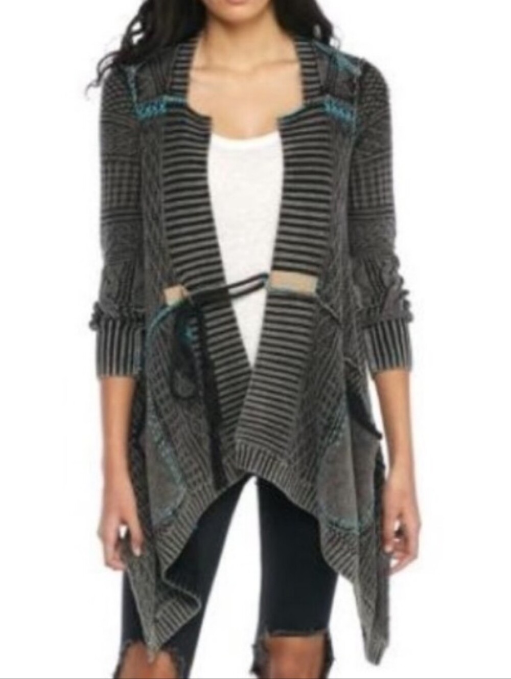 Free People All Washed Out High Low Cascading Waterfall Boho Cardigan Black Med